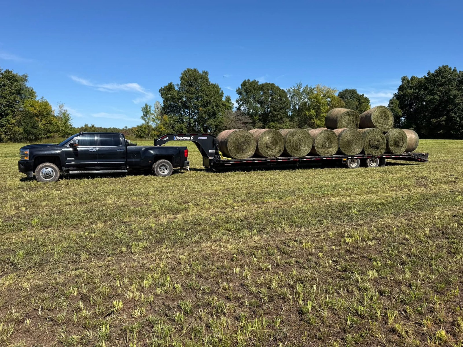 Black Silverado with Diamond C gooseneck and hay